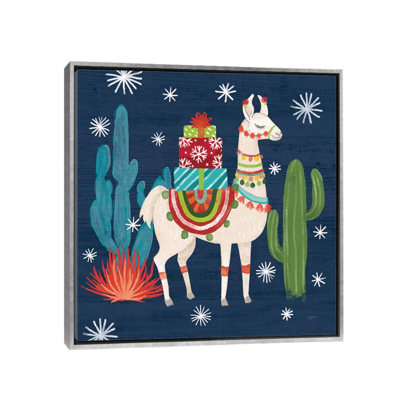 «Lovely Llamas II Christmas» par Mary Urban - reproduction d'art, H 18 po x l 18 po x 1,5 po, Toile avec cadre argenté