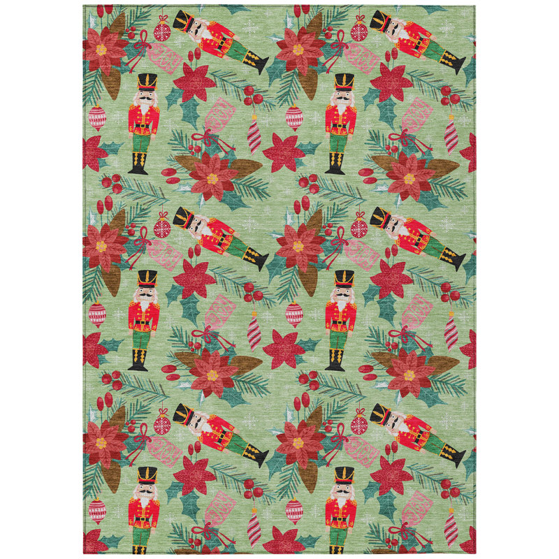 Machine Washable Indoor/Outdoor Christmas Nutcracker Xhevrie Aloe Rug, Rectangle 9' x 12'