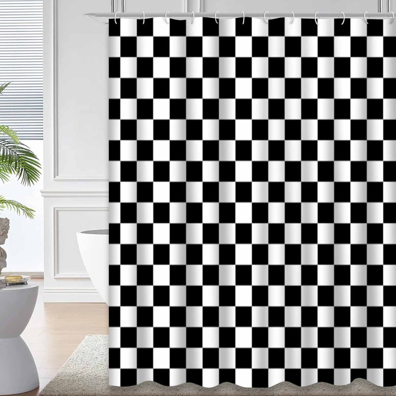 Black Checkered Abstract Flag White Shower Curtain with 12 Hooks, 72" L x 72" W