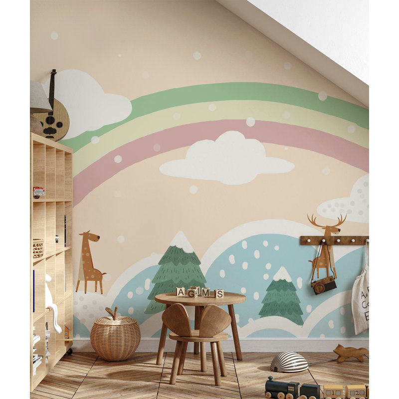 Papier peint amovible Rainbow And Deer Above The Clouds Trees, L 105,96 po x l 187 po