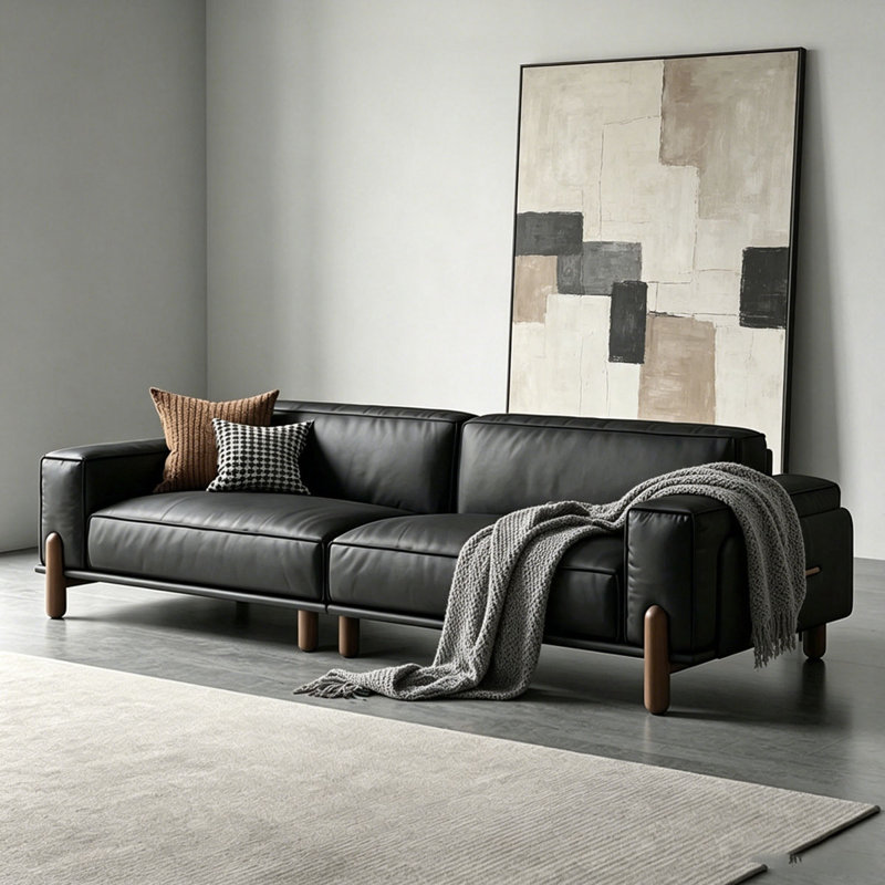 Canapé modulaire noir en cuir véritable, L 110,16 po, Cuir de grain supérieur noir