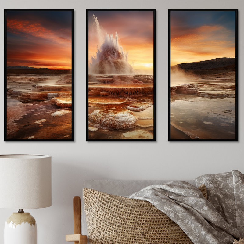 Voluptique au coucher du soleil I - ensemble d'art mural Geyser, Cadre flottant noir, H 28 po x l 36 po x P 1 po