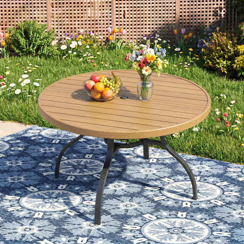 47" Round Metal Outdoor Patio Dining Table For 4, All-Weather Slatted Outdoor Table With Umbrella Hole,Brown, Yellow