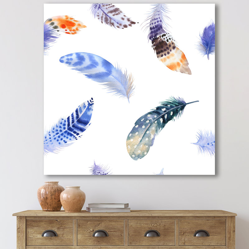 Ensemble de plumes colorées Boho VII - peinture sur toile, H 16 po x l 16 po x P 1 po, Toile tendue
