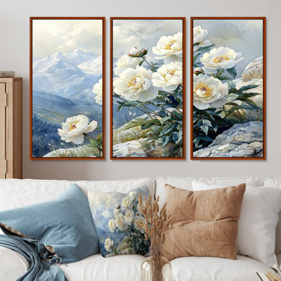 Pivoines près de la crête de montagne I - art mural grand pivoines - 3 panneaux