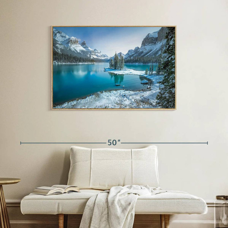 Spirit Island en hiver, Cadre flottant en bois naturel, 40 po x 27 po