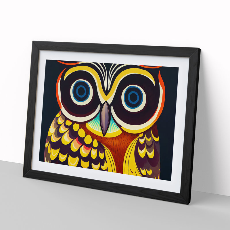 XH1022-6537X Owl Art Retro Vol.6 - Single Picture Frame Print, Black, 46cm H x 64cm W x 2cm D