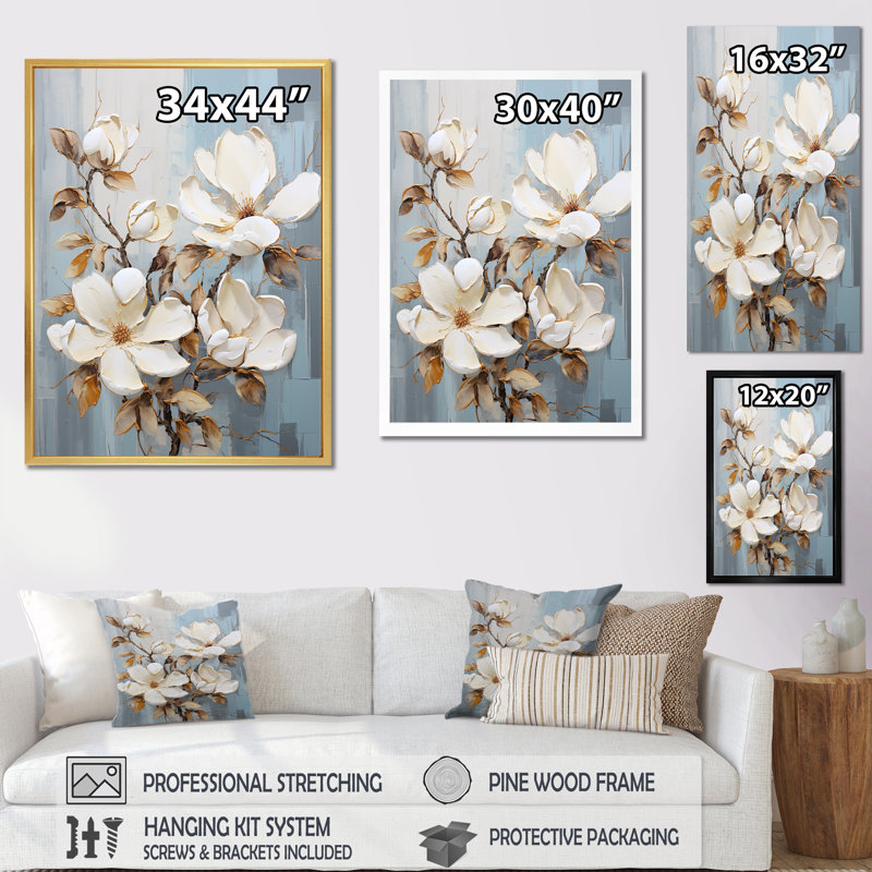 Minimalisme blanc et bleu Magnolias Florescence II sur toile, Cadre simple blanc, H 32 po x l 16 po x P 1 po