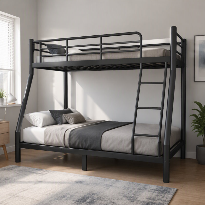Lit superposé en métal tubulaire noir, couchette simple supérieure et couchette double inférieure, conception silencieuse et peu encombrante, sans sommier, convient aux adolescents et aux adultes.