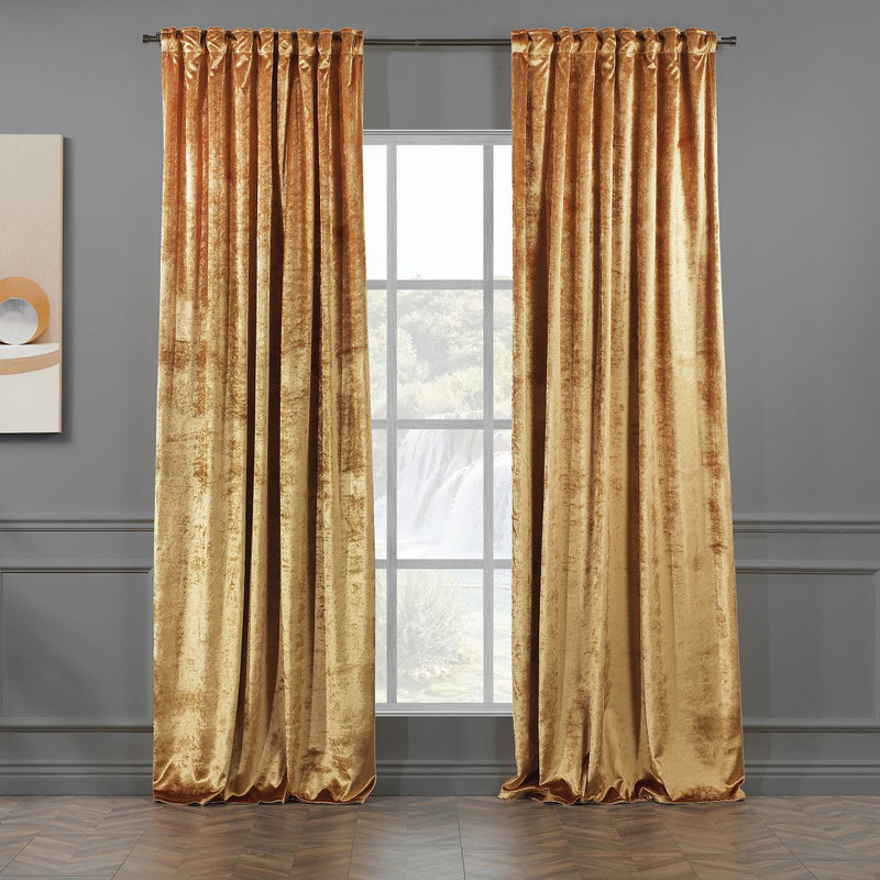 Blackout Thermal with Liner Extra Long & Extra Wide Shiny Velvet Decorative Curtain Panel, Golden, 140cm Width x 145cm Drop