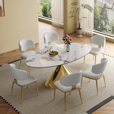Ensemble de table de salle à manger pour 4 à 6 personnes, table de cuisine ovale avec base en acier inoxydable et 6 chaises pour la salle à manger