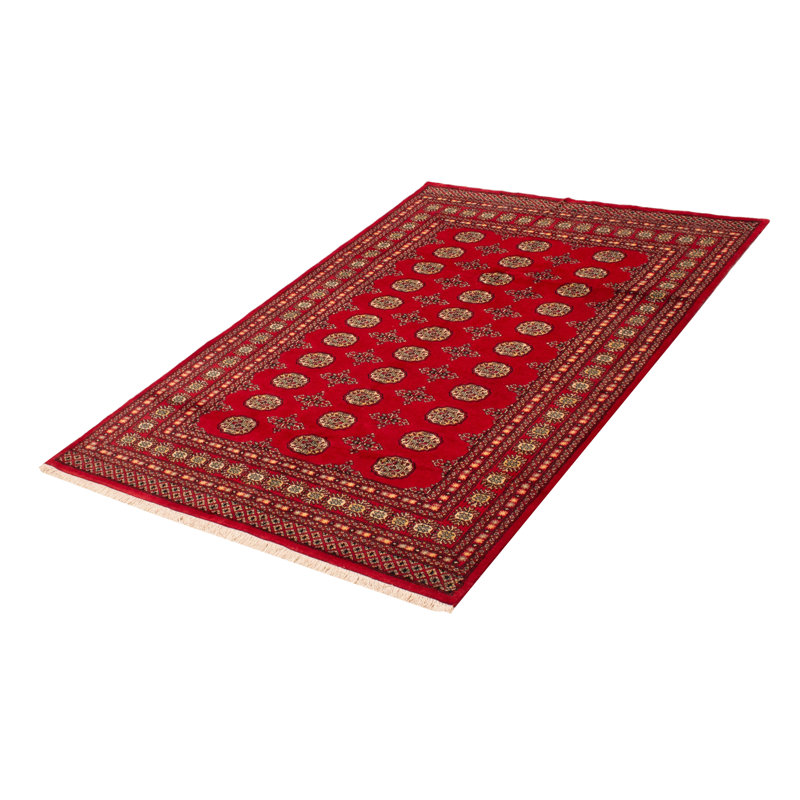 Tapis unique en laine noué à la main Bokhara rouge de 5 pi 7 po x 8 pi 3 po Peshawar