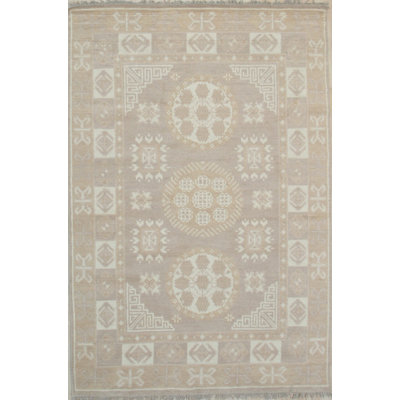 Gray Hand-Knotted Wool Rosette Medallion Geometric Modern Contemporary Carpet Rug