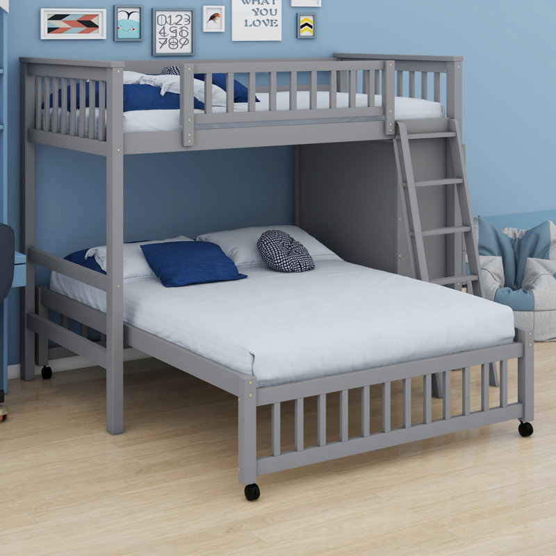 Lit superposé en bois avec 6 tiroirs, tablettes flexibles et lit à roulettes, Gris