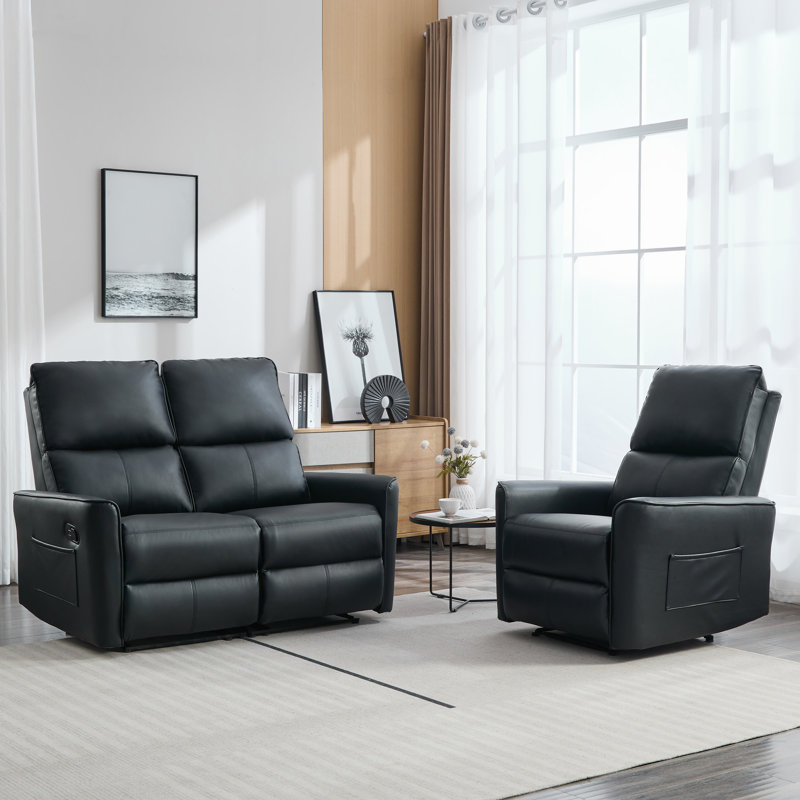 Alfino 1+2 Seater Manual Air Leather Recliner Sofa Set, Black