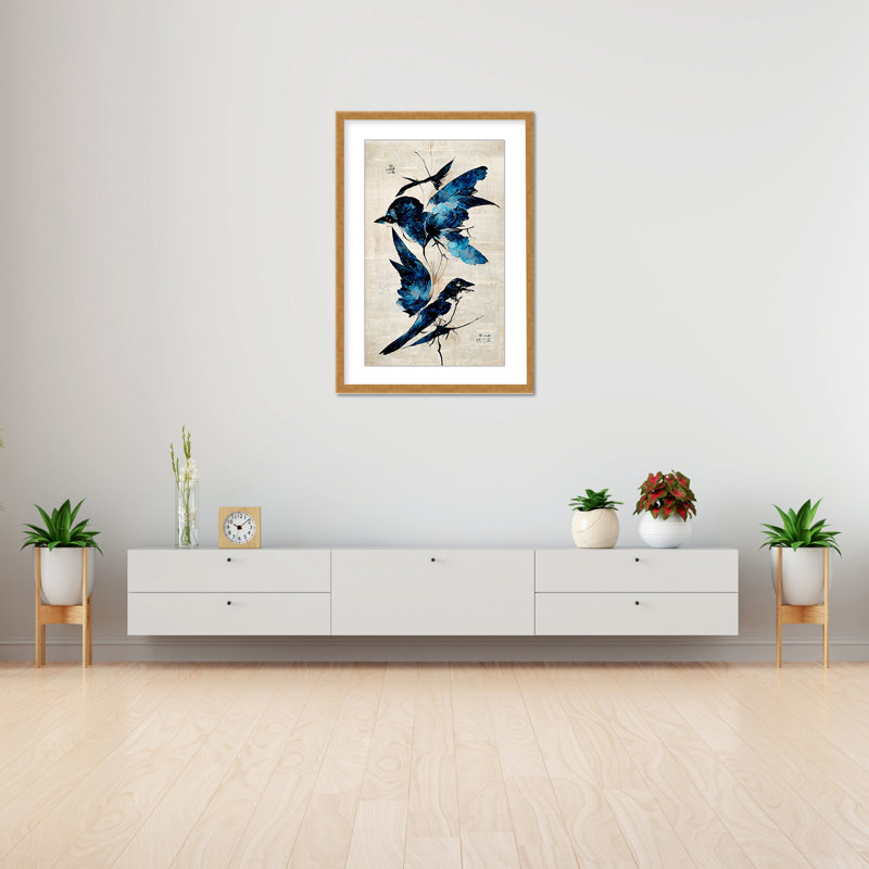 Nature Inspired Blue Birds, 24" H x 16" W x 1.125" D, Gold, Framed Matted Print