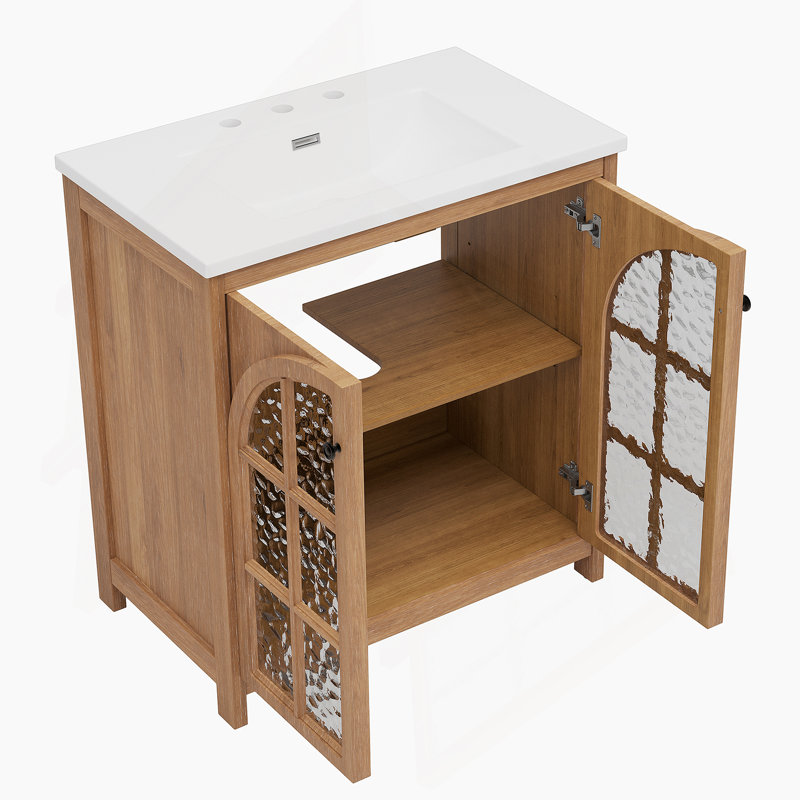 Meuble-lavabo vintage 31 po avec lavabo en céramique, poignées en bronze et verre trempé, naturel antique, Naturel antique