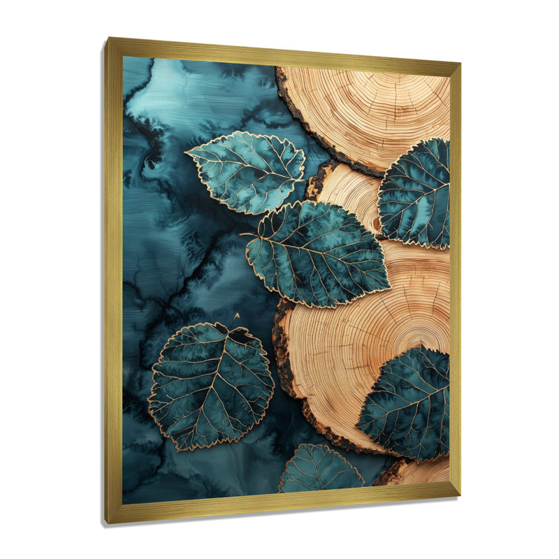 Agate, rivière des feuilles, glissade sur bois III - décoration murale florale, H 32 po x l 16 po, Gold