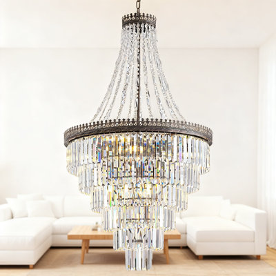 Lustre en cristal rétro de style français avec finition bronze antique, luminaire de hall d'entrée à 12 lumières pour vestibule de vestibule à plafond haut