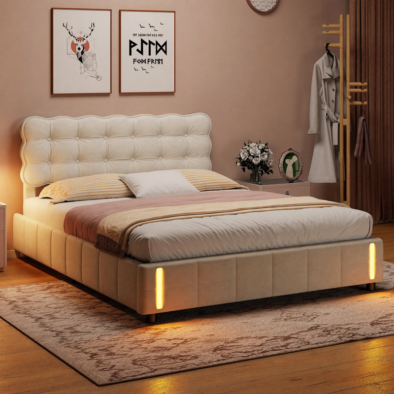 Shane Velvet Upholstered Ottoman Storage Bed Frame with LED Sensor Night Lights, Kingsize (5')