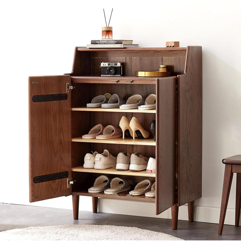4 Tier Assembled Solid Oak Shoe Cabinet with Shelf, Brown Oak
