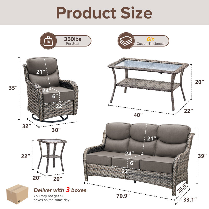  5-Piece Patio Furniture Set With Swivel Glider Chairs, 6-Inch Ultra-Plush Cushions & Water-Resistant Olefin Fabric, Gray