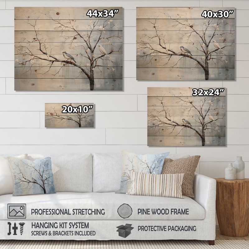 Grey Floral Sprintime Tree Birds II - Tree On Wood Print, 24" H x 32" W x 0.78" D