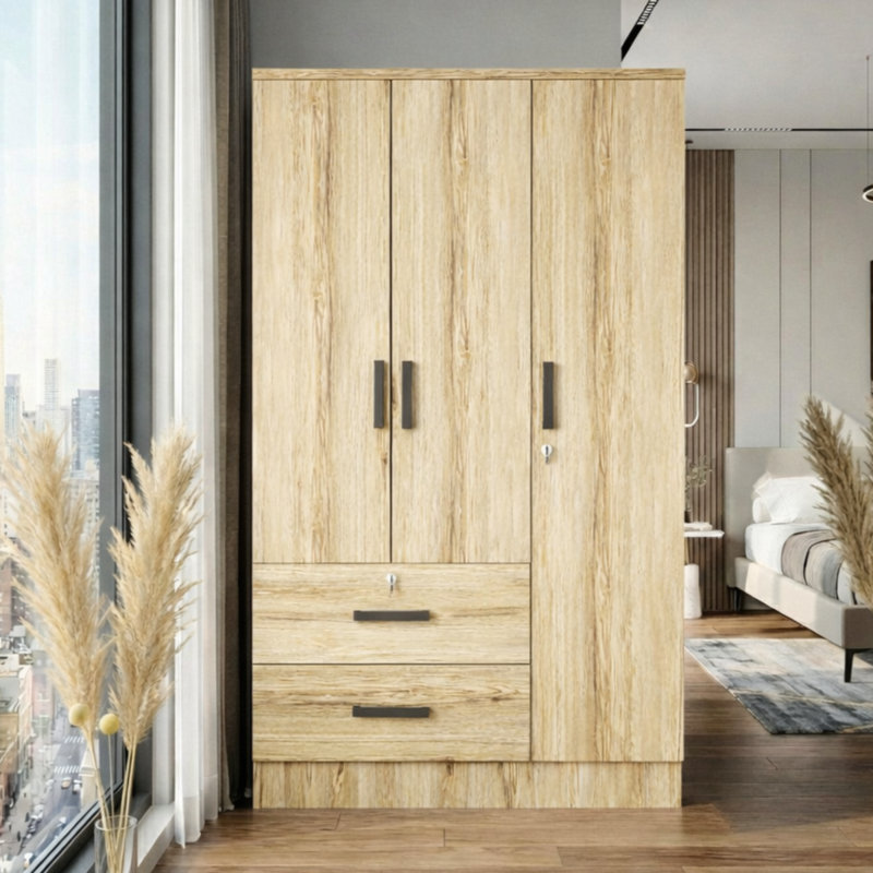 Keilson 3 Doors Wardrobe, 2 Drawers, 1 Lock - 36W, Beech