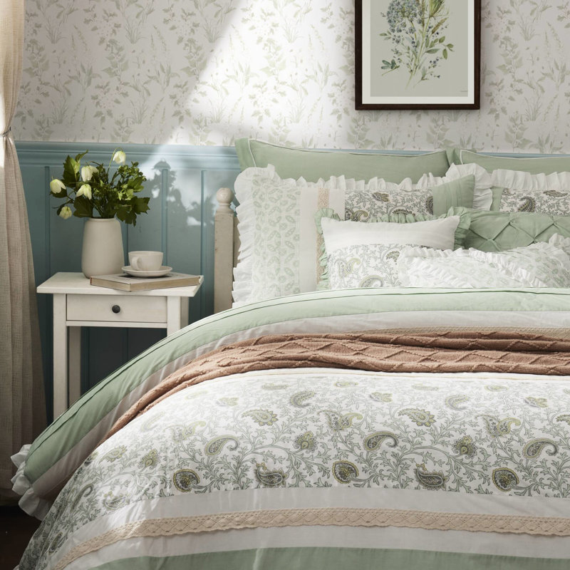 9 Piece Comforter King - Sage Cotton. Delicate Floral Decoration. Comprises Comforter, Shams, Euro Bed Skirt, And Decorative Pillows. All Season Warmth. Breathable Cotton . Colour. Elegant Theme. With