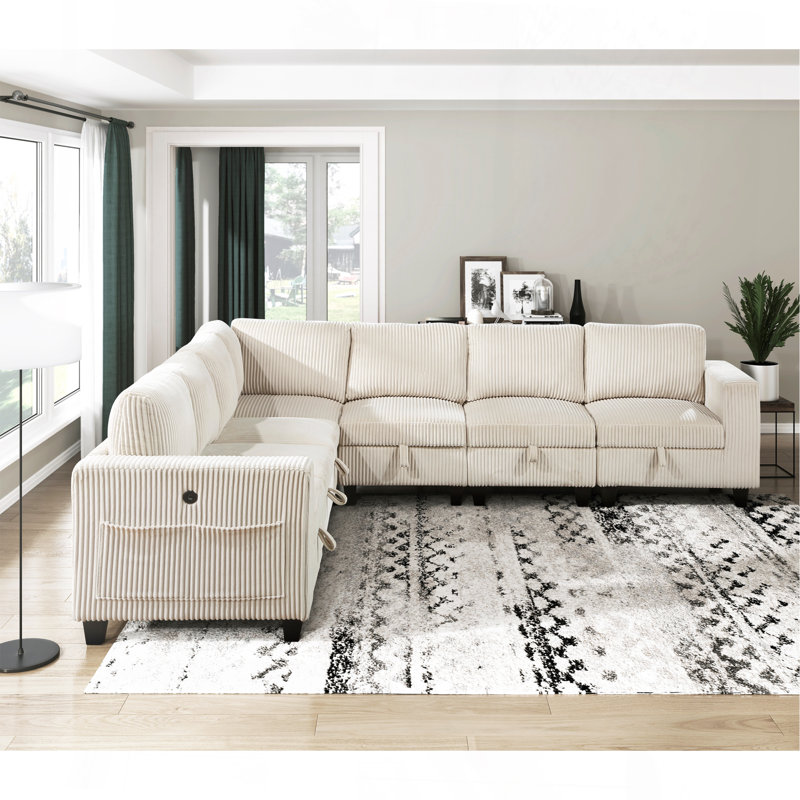 7-Piece Modular Sectional With Storage Seats, Beige Corduroy