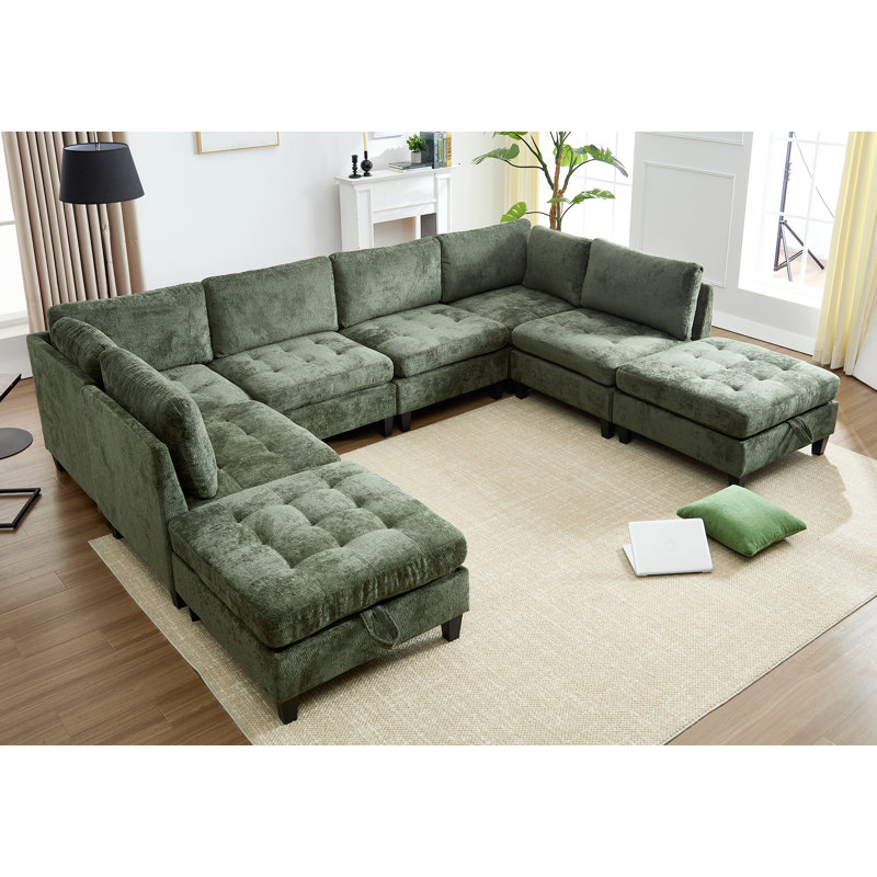 8-Piece Chenille Sleeper Sectional Corner Couch Modular Sofa Bed With Storage Chaise, Green Chenille