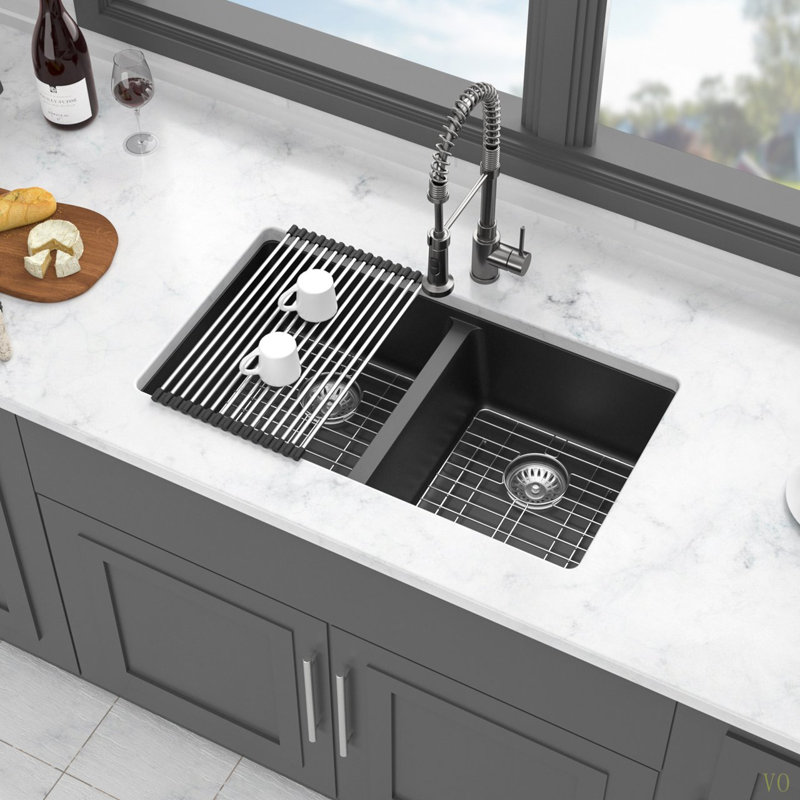 Quartz Kitchen Sink - 33" X 19"  Granite Composite Undermount Kitchen Sink Double Bowl(50/50), Gunmetal Black