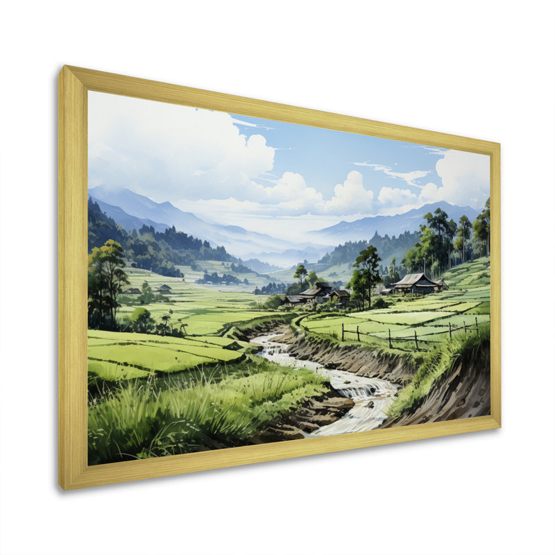 Campagne vietnamienne verte sur toile, H 30 po x l 40 po x P 1,5 po, Cadre photo doré simple