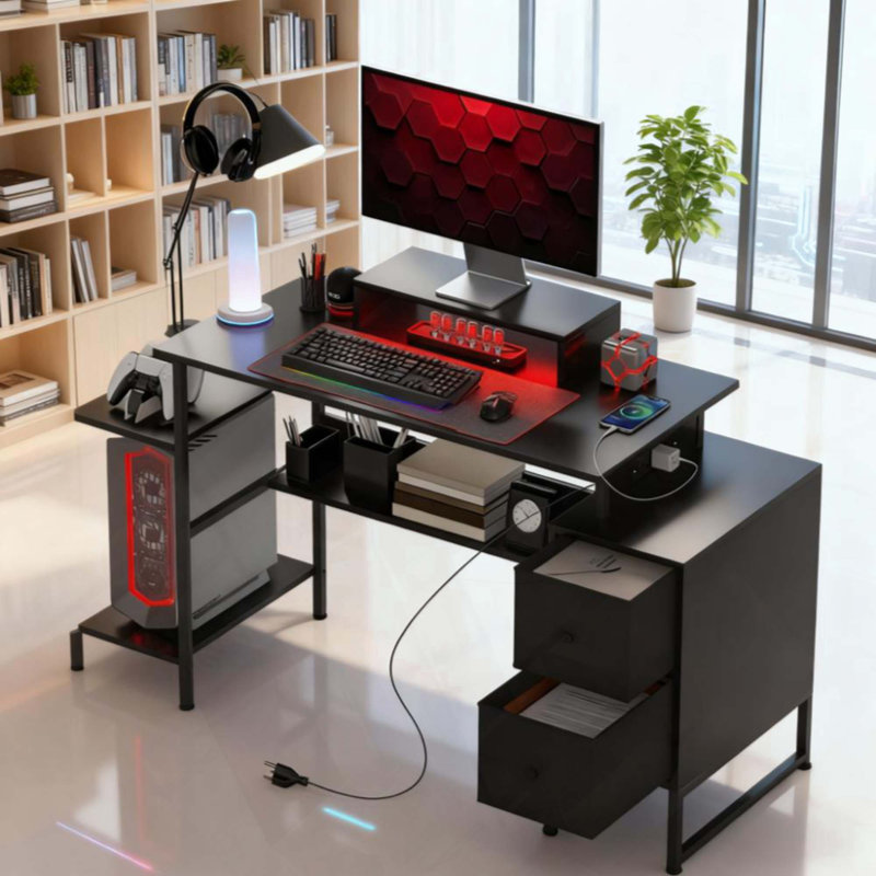 Bureau de jeu avec rangement, table d'ordinateur avec prises de courant et lumières DEL, pour la maison et le bureau