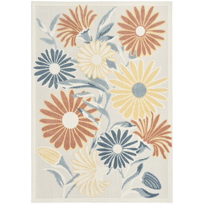 Shila  Ivory Rose Outdoor Rug, Rectangle 5'3" x 7'5"