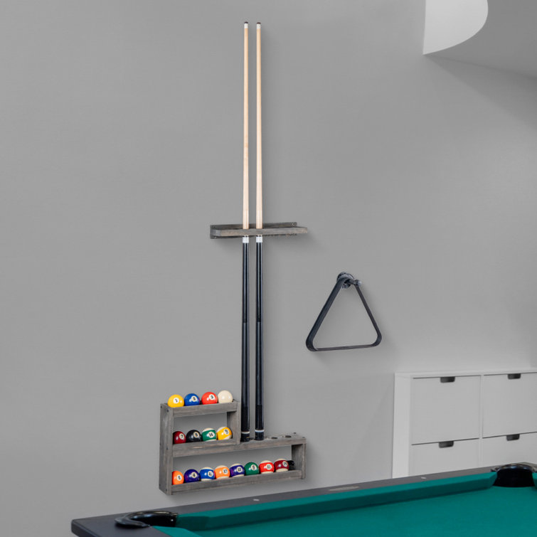 Wall Mounted Weathered Gray Wood Pool Cue Rack, Billiards Accessories Holder and Ball Storage Shelf Set