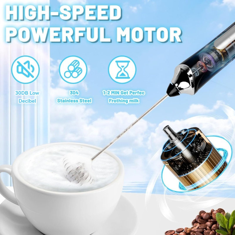 Rechargeable Milk Frother 3-Speed Fast Handheld Mixer For Cream Lattes, White