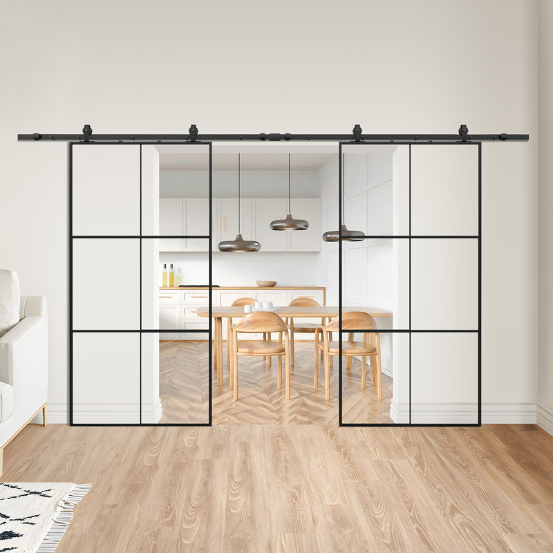 Porte de grange double en verre transparent avec quincaillerie d'installation, porte de grange coulissante, 84 po x 84 po