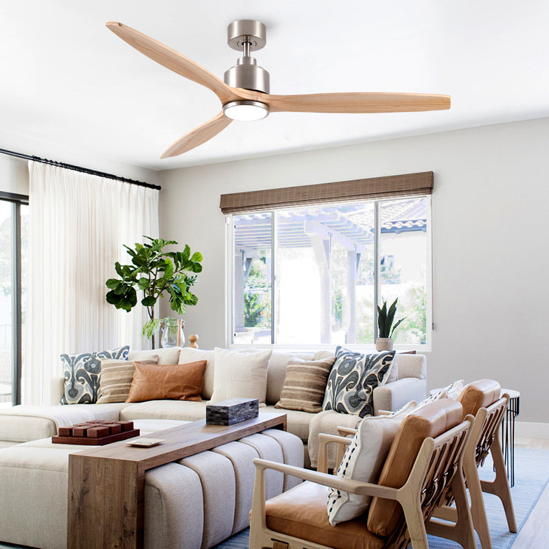 Modern 60" 3-Blades Indoor Brushed Nickel Solid Wood Ceiling Fan With LED Light, Quite DC Motor and Remote Control, 60" Wide