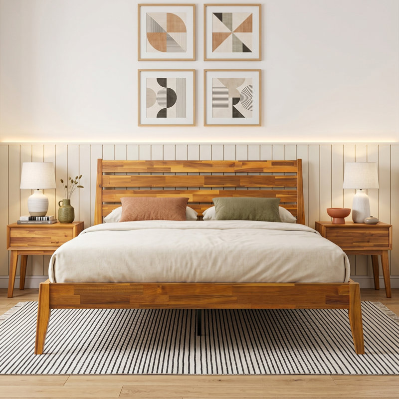 Queen Size Platform Bed Frame with Headboard & Footboard, Center Metal Legs, 12 Solid Wood Sturdy Slatted Base, No Box Spring Needed, Easy Assembly, Anti-Noise & Slip-Free, Acacia Honey Finish