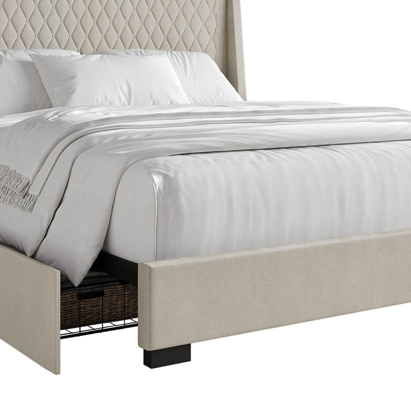 Lit plateforme double avec rangement en velours gris, Beige, Très grand