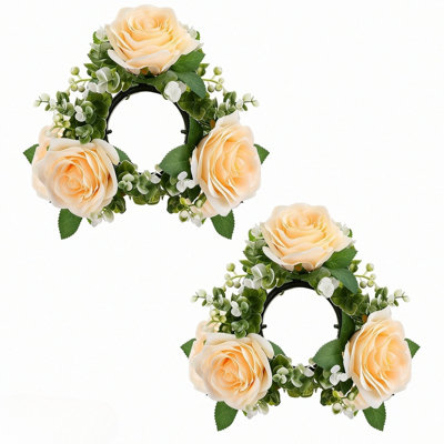 Ensemble de 2 bougies roses avec bougies sans flamme, fleurs d'eucalyptus artificiel pour la décoration de table de mariage, couronne de bougeoir à pilier de 3 pouces, pour les décorations des fêtes et des mariages