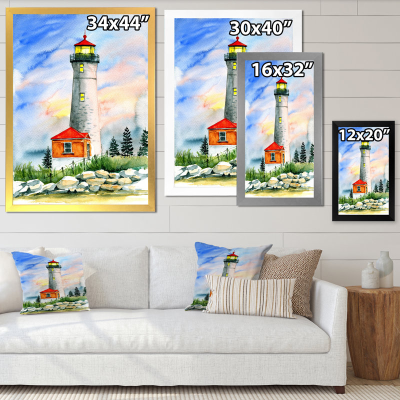 Phare entouré de sapins verts - peinture sur toile, H 32 po x l 16 po, Toile argentée avec cadre d'angle fermé