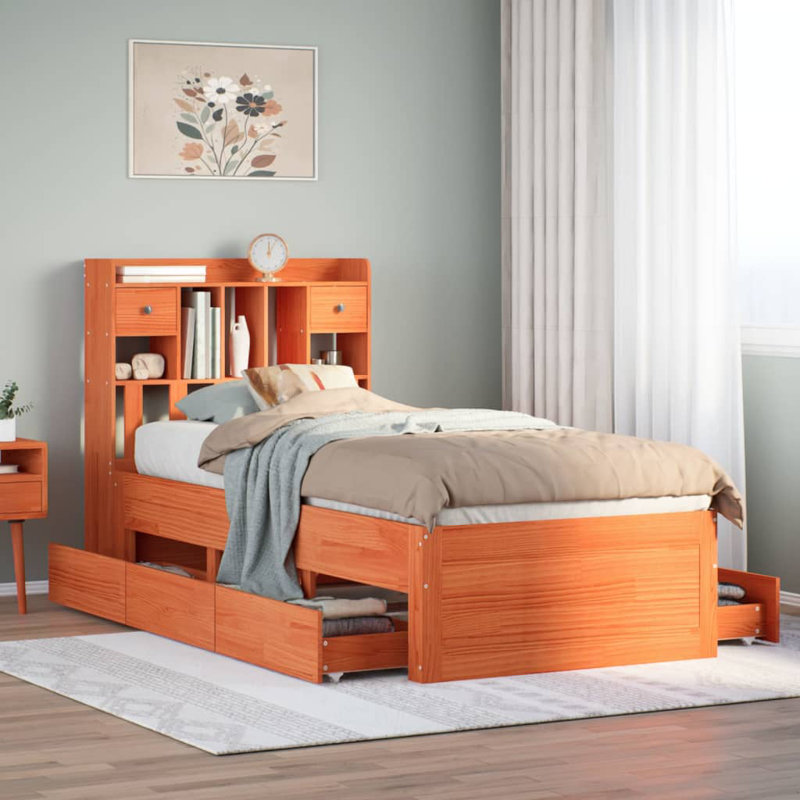 Natur Pur Bookcase Bed Without Mattress  Solid Wood Pine, Brown, Small Single (2'6)