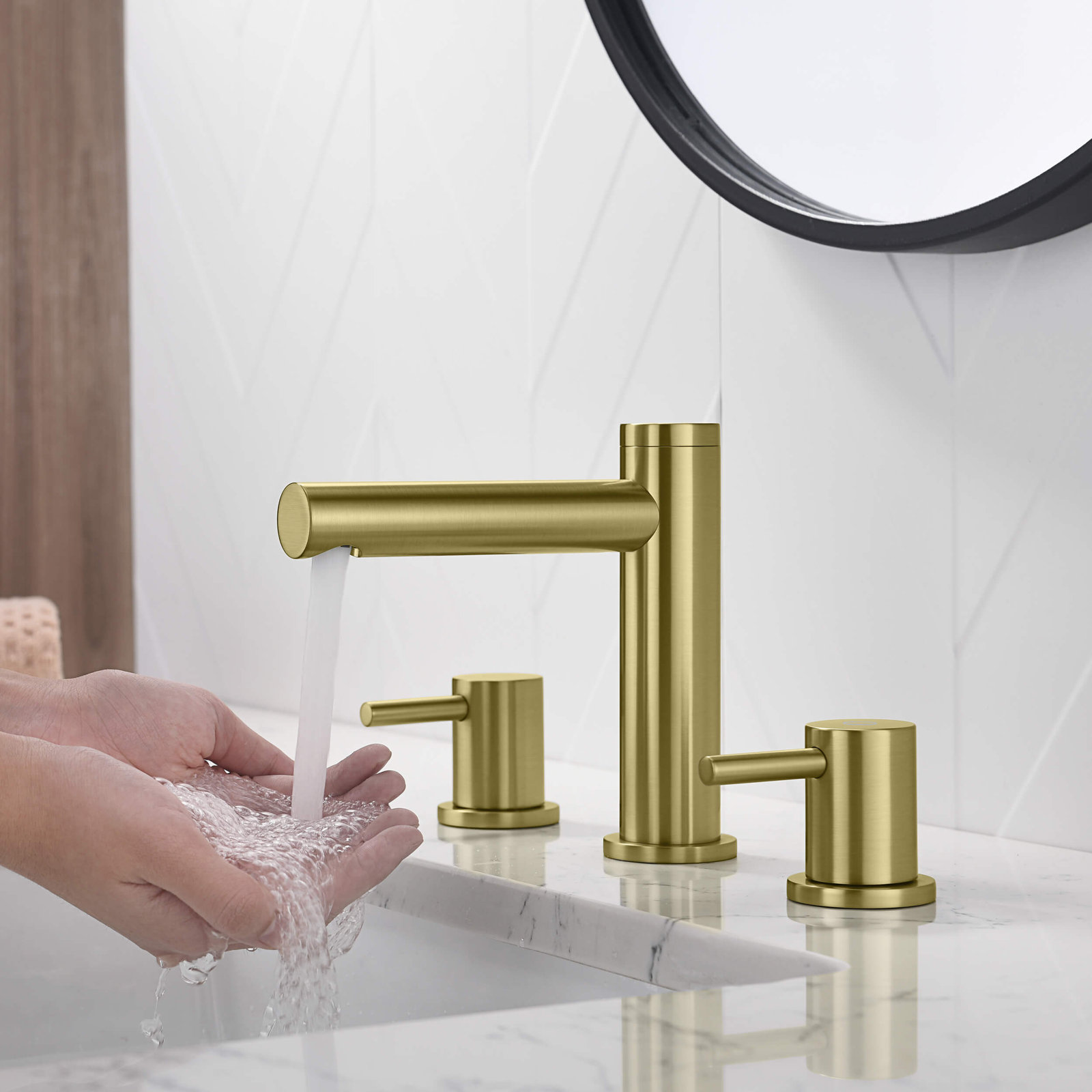 Circular 8" Widespread Faucet with Pop-Up Drain, Brushed Gold