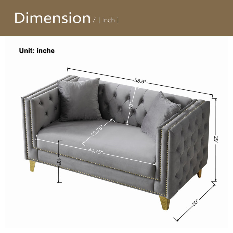 Canapé 58 po en velours Chesterfield de 58 po, canapé à 2 places à siège profond, canapé moderne avec têtes de clou à boutons, accoudoirs carrés