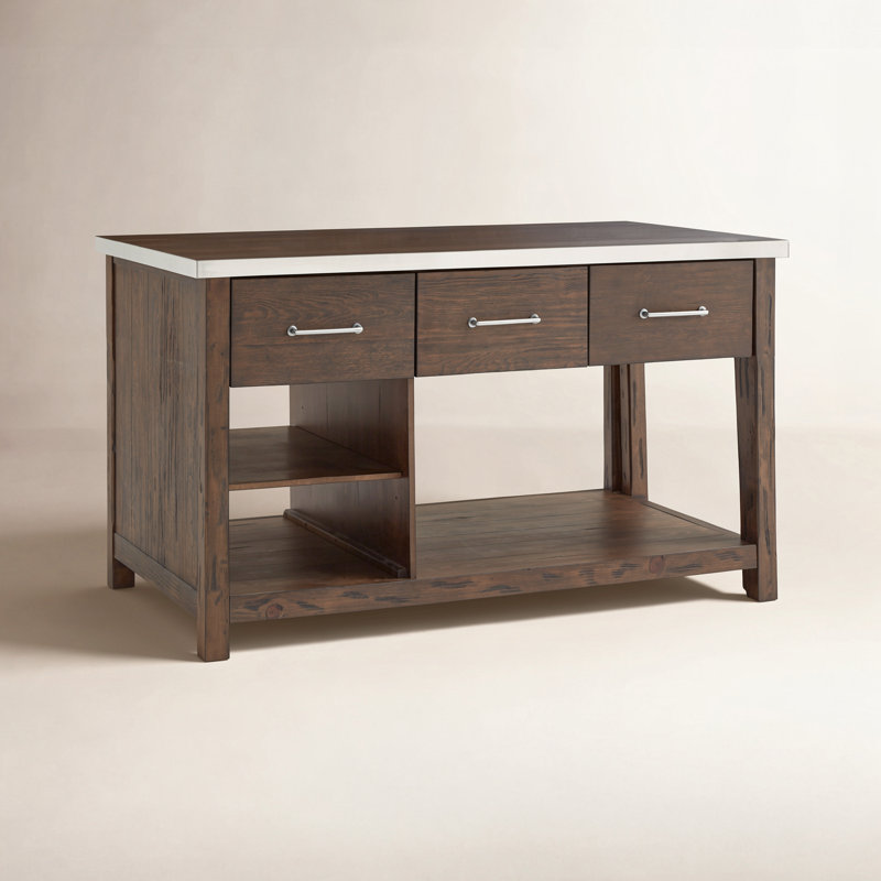 Tinka 3-Drawer Rectangle Pine Kitchen Island, Stainless Steel, Brown