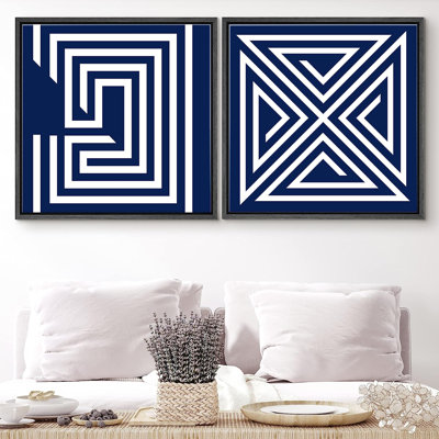 Reproduction de labyrinthe géométrique bleu et orange sur toile, 2 pièces