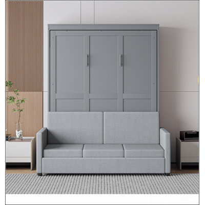 Lit escamotable double pleine grandeur avec coussin, gris