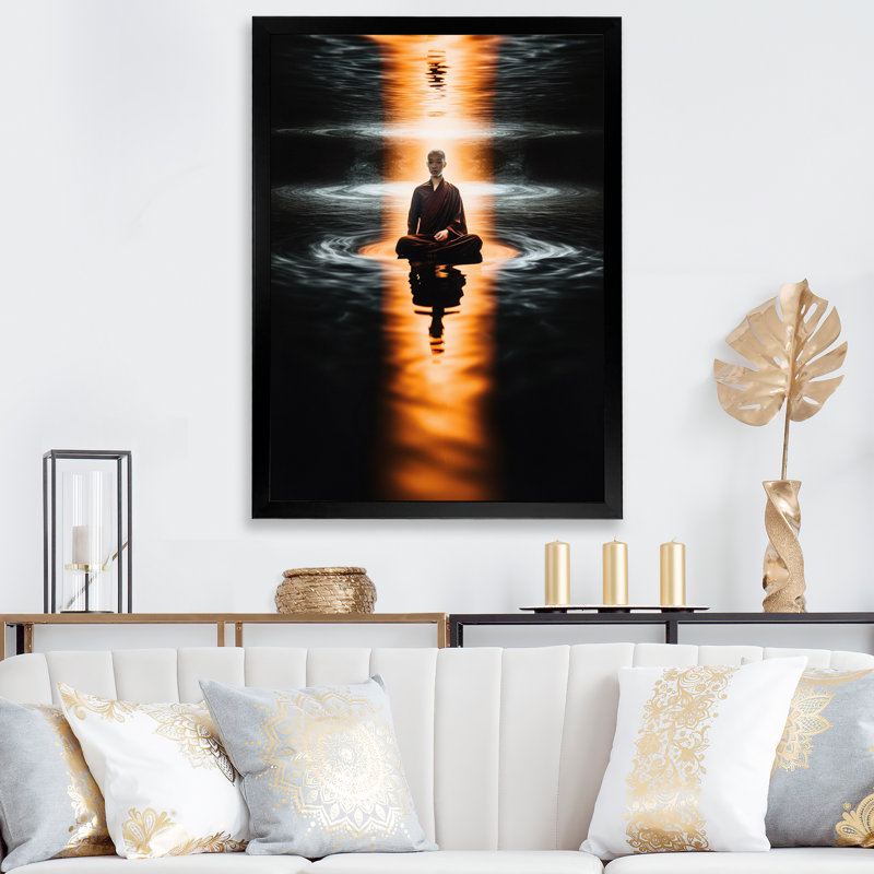 «Buddhist Monk Meditating In Lake», reproduction sur toile, Cadre flottant doré, H 32 po x l 16 po
